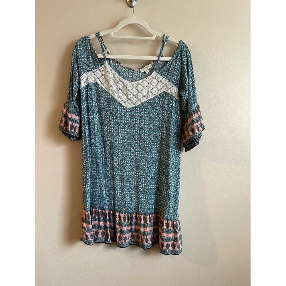 Umgee womens boho cold shoulder blue medium dress